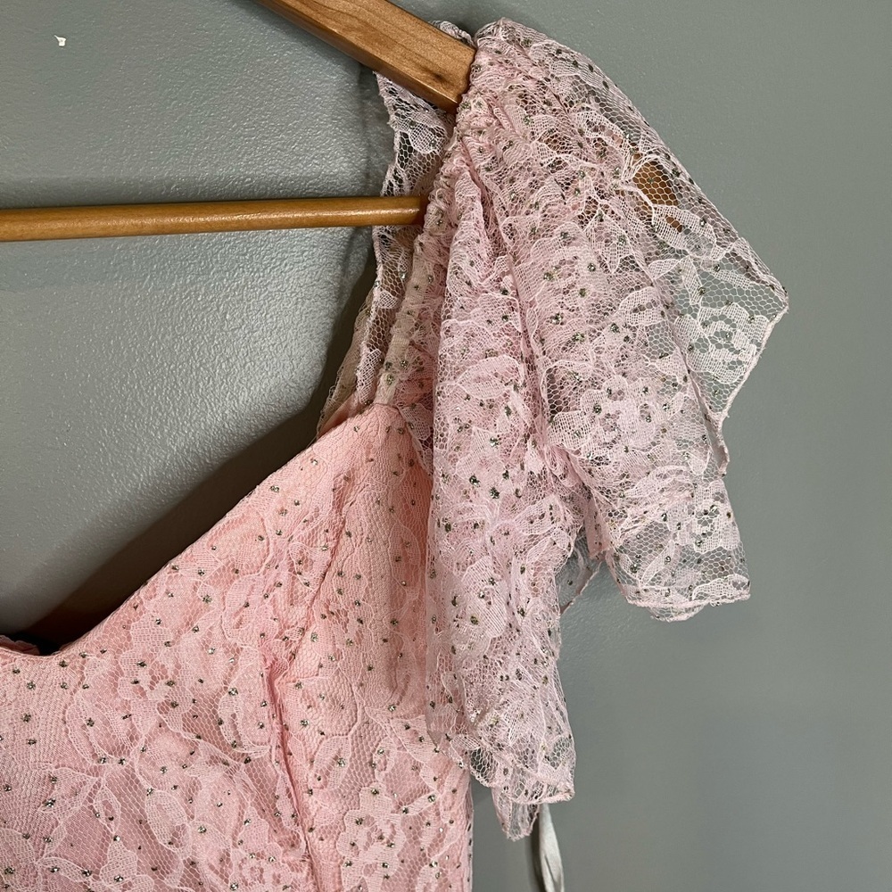 Nuance x Vintage 80s Cinderella Pink Tiered Asymmetrical Lace Rhinestone Dress - Picture 10 of 13
